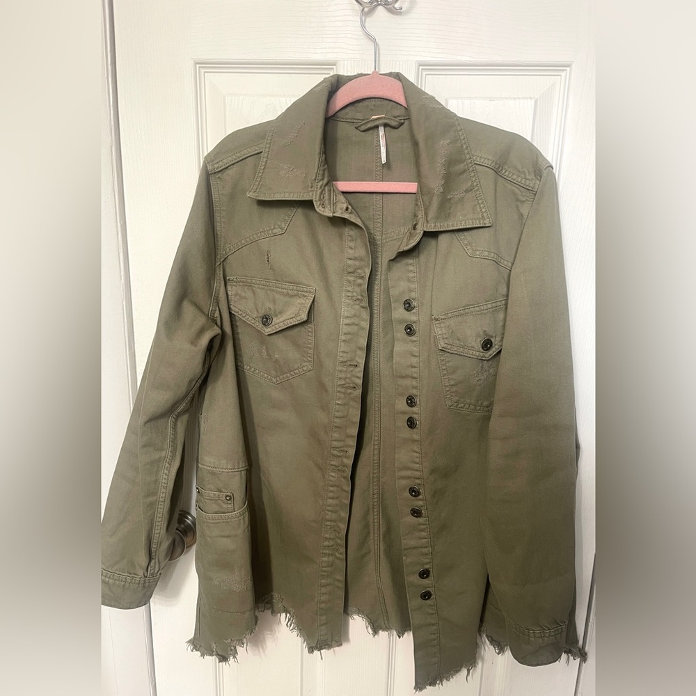 Free People Moonchild Shirt Shacket Olive Green Distressed Oversized Size M - Picture 5 of 13